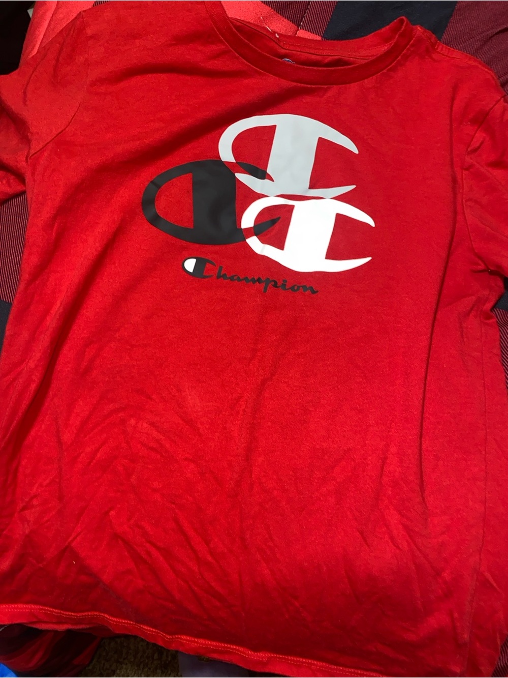Champion Red Short Sleeve Tee with Tri-Logo Graphic